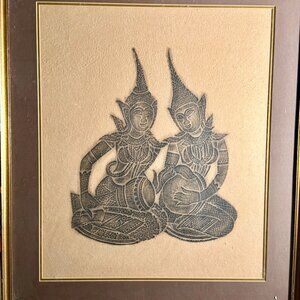 VTG Thai Temple Rubbing on Rice Paper ~ Teacher and Student 27 X 23.5 Framed